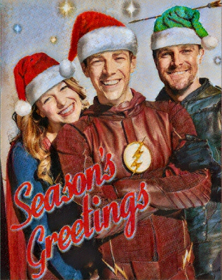 Supergirl, Flash and Green Arrow Christmas card