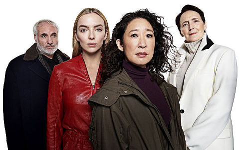 KILLING EVE Season: 3 - Jodie Comer as Villanelle, Kim Bodnia as Konstantin Vasiliev, Sandra Oh as Eve Polastri, Fiona Shaw as Carolyn Martens - Killing Eve _ Season 3, Gallery - Photo Credit: Paola Kudacki/BBC America