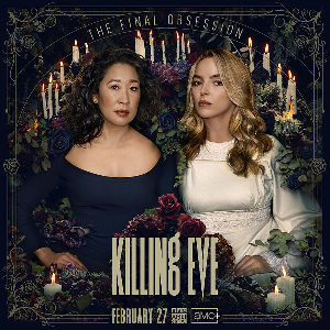 KILLING EVE Season: 4 poster - Sandra Oh as Eve, Jodie Comer as Villanelle - Killing Eve _ Season 4, Key Art - Photo Credit: Claire Rothstein/BBCA